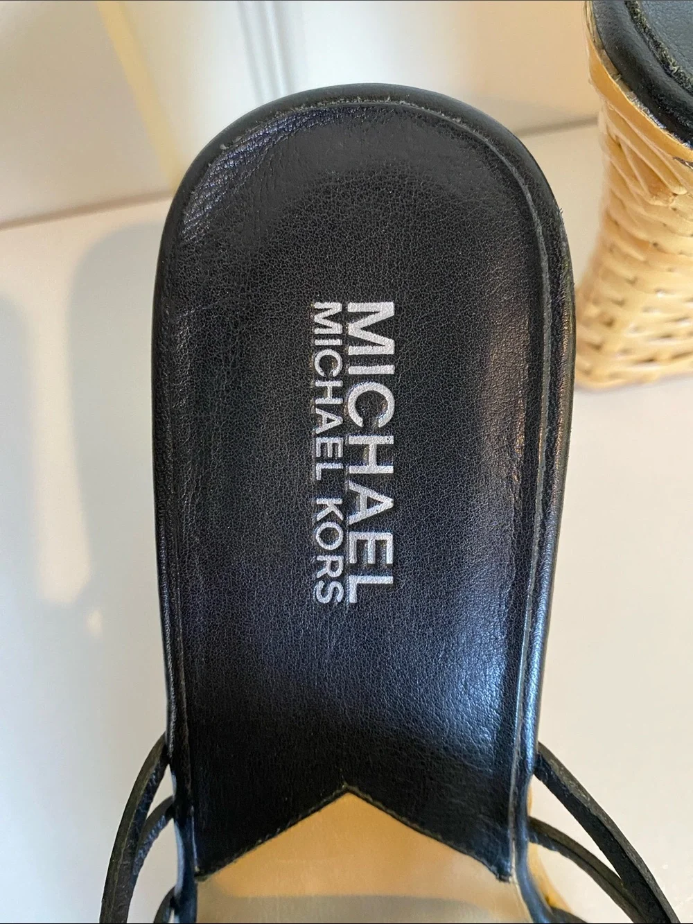 Michael Kors Black Leather Strappy Wedge Sandals with Tan Woven Platform